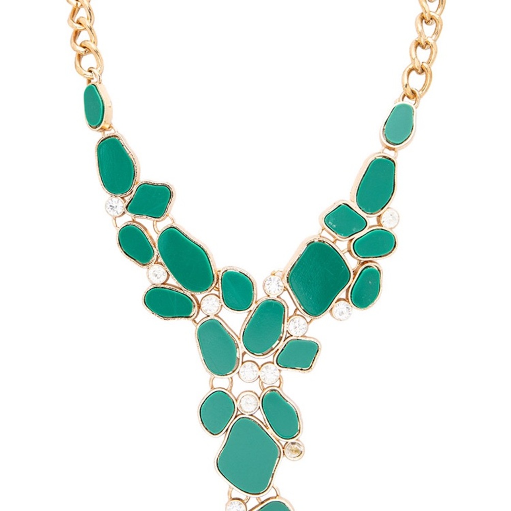 Long Y Gold & Rhinestone Statement Necklace - Picture 6 of 8